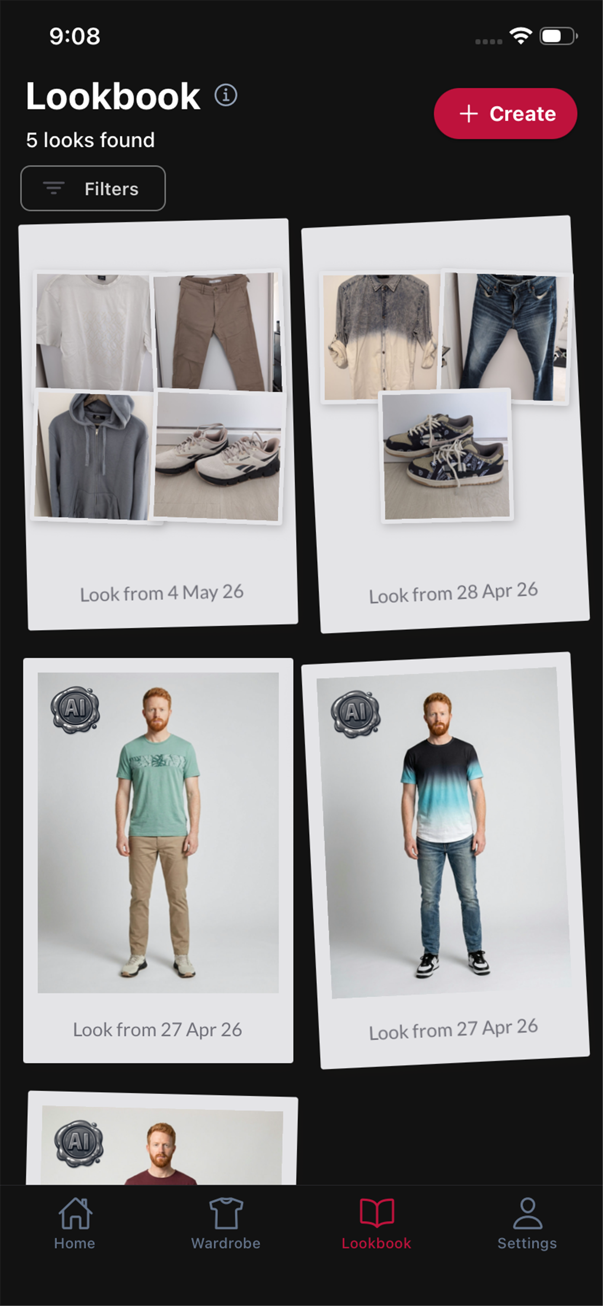 Lookbook screen showing outfit looks