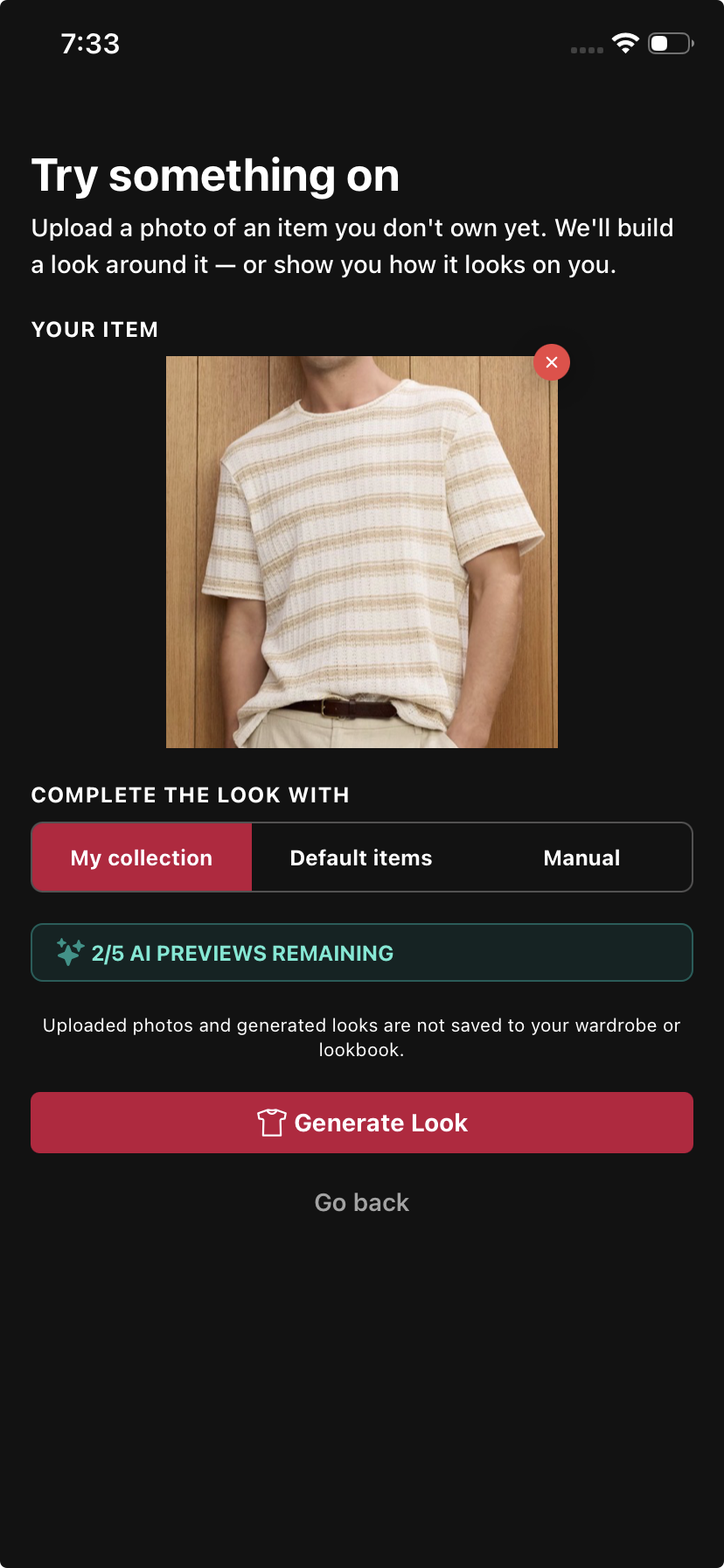 Selecting an item to try on