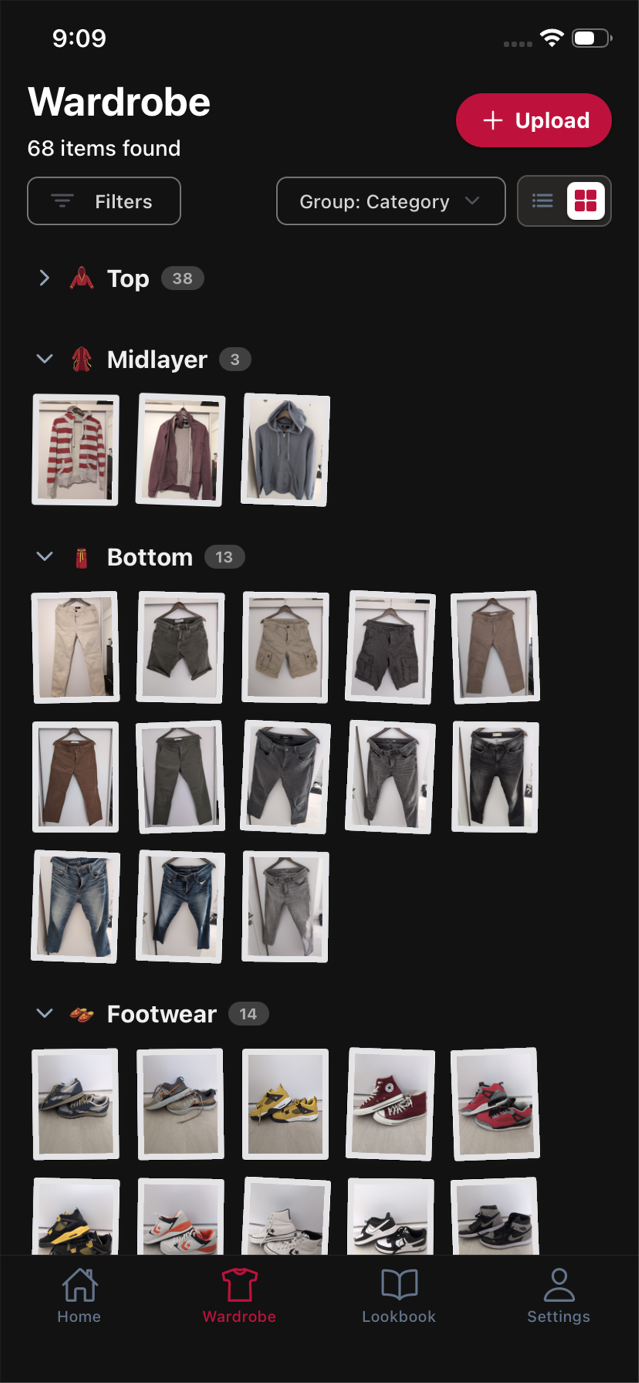 Wardrobe screen showing cataloged clothing